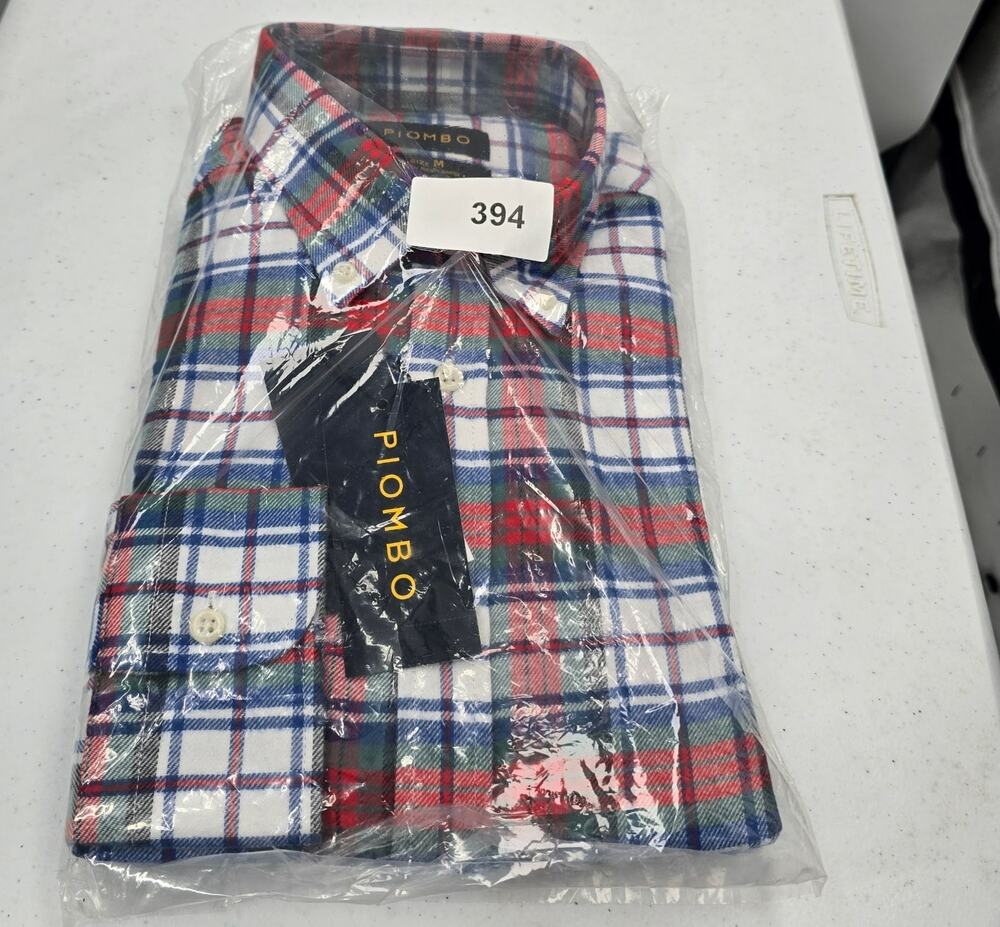PIOMBO Mens Cotton Shirt Size Medium Blue Plaid Italian Luxury Button Down Red
